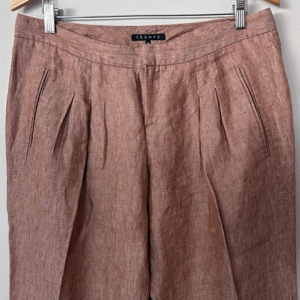Theory Dailsha Redbay Pants Womens 12 Rust Linen Pleated Tapered Trouser Coastal